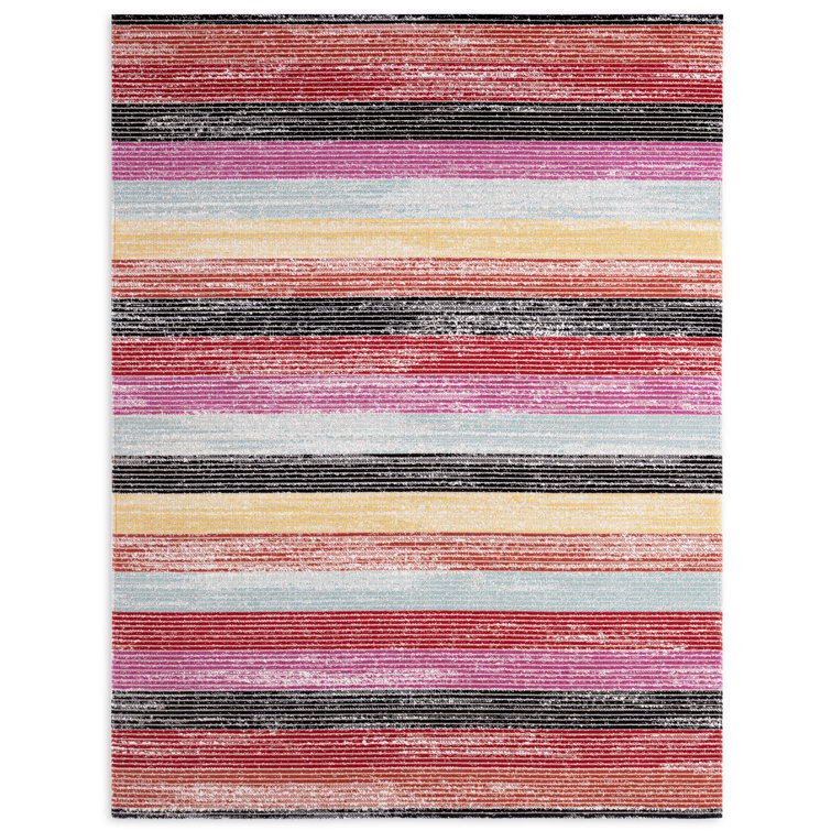 Red and Pink Striped Synthetic Indoor/Outdoor Area Rug
