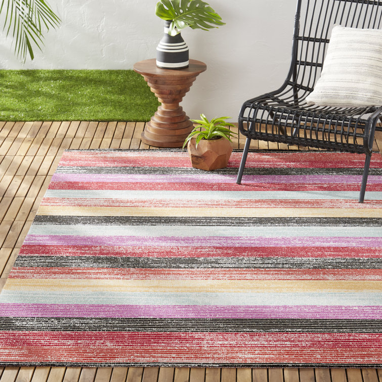 Red and Pink Striped Synthetic Indoor/Outdoor Area Rug
