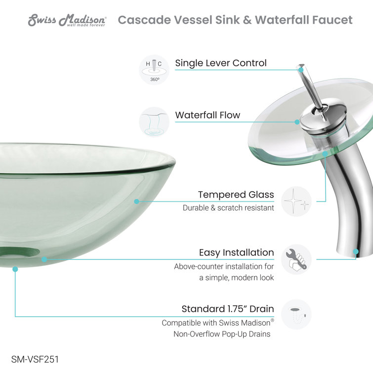 Cascade Clear Glass 16.5'' Vessel Sink with Waterfall Faucet