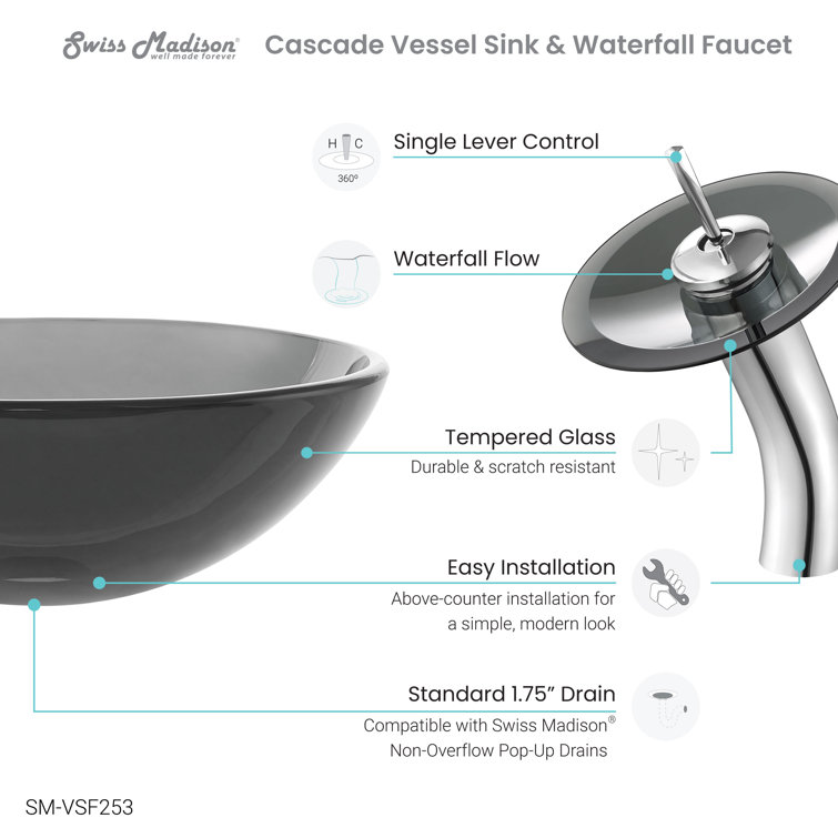 Cascade Black Glass Above-Counter Vessel Sink with Faucet