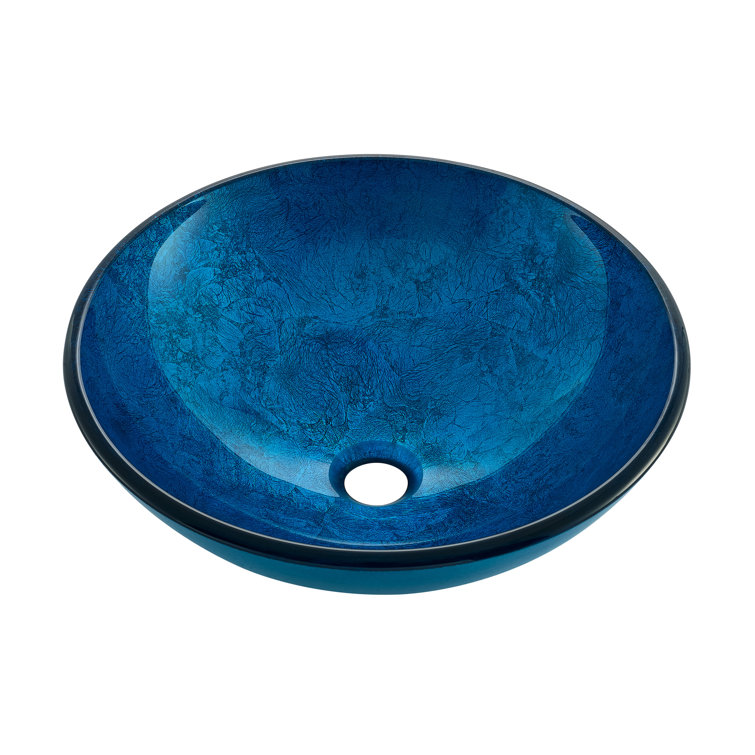 Cascade Ocean Blue Round Glass Vessel Sink with Waterfall Faucet