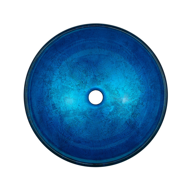 Cascade Ocean Blue Round Glass Vessel Sink with Waterfall Faucet