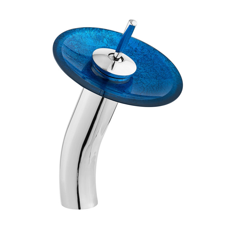 Cascade Ocean Blue Round Glass Vessel Sink with Waterfall Faucet