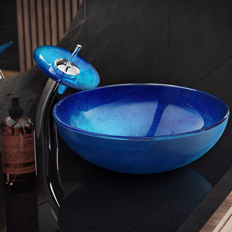 Cascade Ocean Blue Round Glass Vessel Sink with Waterfall Faucet