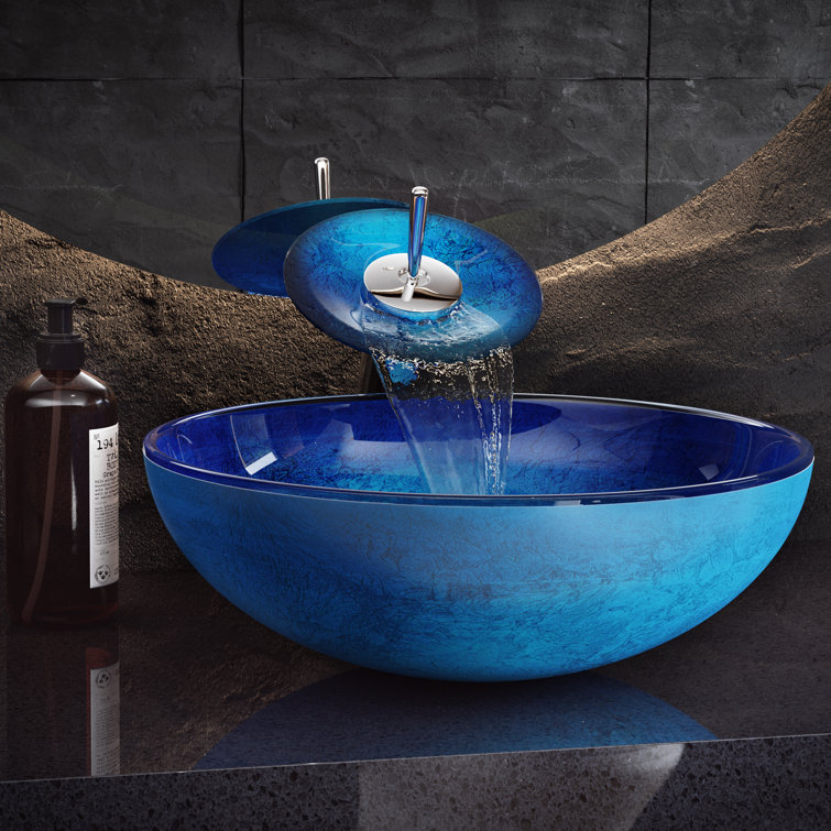 Cascade Ocean Blue Round Glass Vessel Sink with Waterfall Faucet