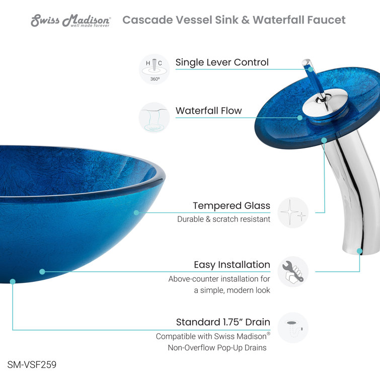 Cascade Ocean Blue Round Glass Vessel Sink with Waterfall Faucet