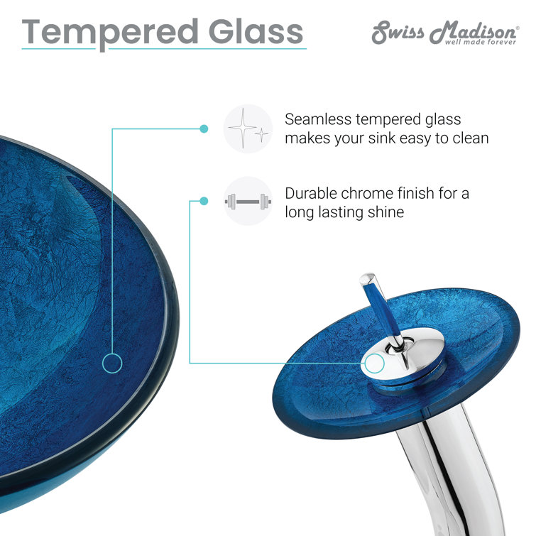 Cascade Ocean Blue Round Glass Vessel Sink with Waterfall Faucet