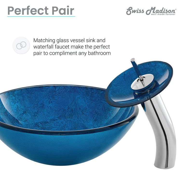 Cascade Ocean Blue Round Glass Vessel Sink with Waterfall Faucet