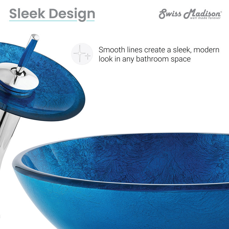 Cascade Ocean Blue Round Glass Vessel Sink with Waterfall Faucet