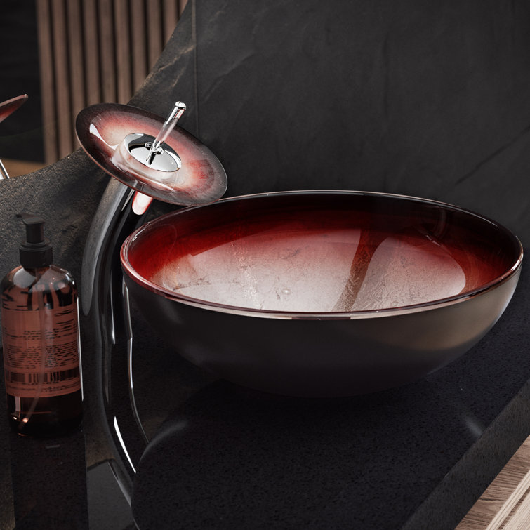 Cascade 16.5" Ember Red Glass Vessel Sink with Faucet