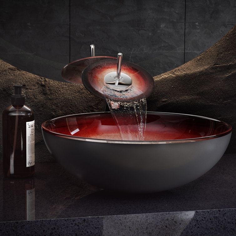Cascade 16.5" Ember Red Glass Vessel Sink with Faucet