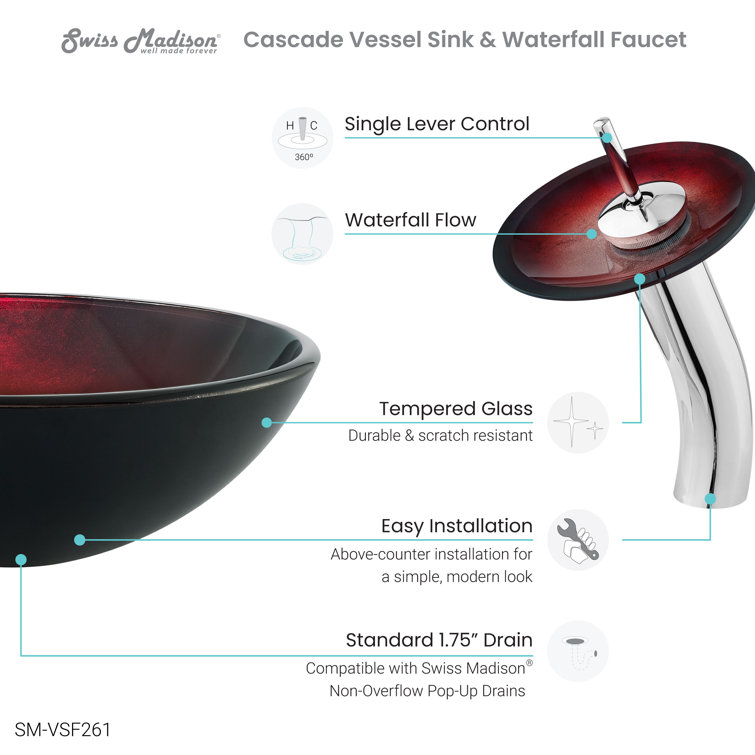 Cascade 16.5" Ember Red Glass Vessel Sink with Faucet