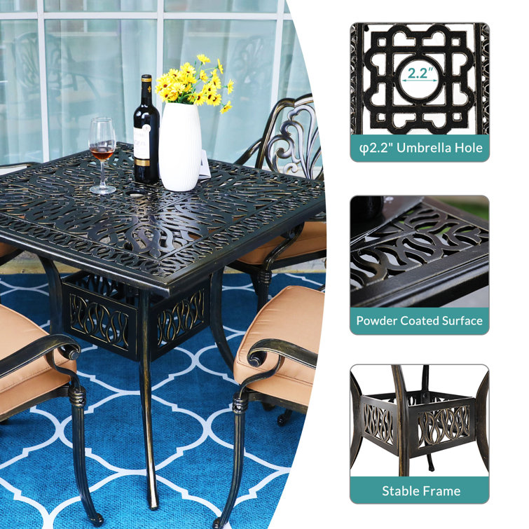 Bronze Cast Aluminum 4-Person Outdoor Dining Set with Khaki Cushions