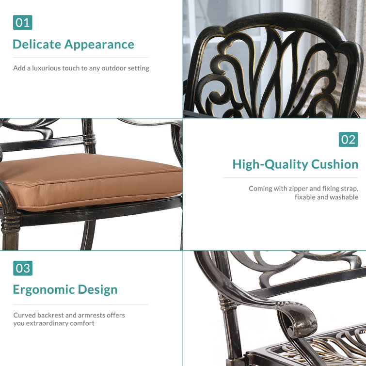 Bronze Cast Aluminum 4-Person Outdoor Dining Set with Khaki Cushions