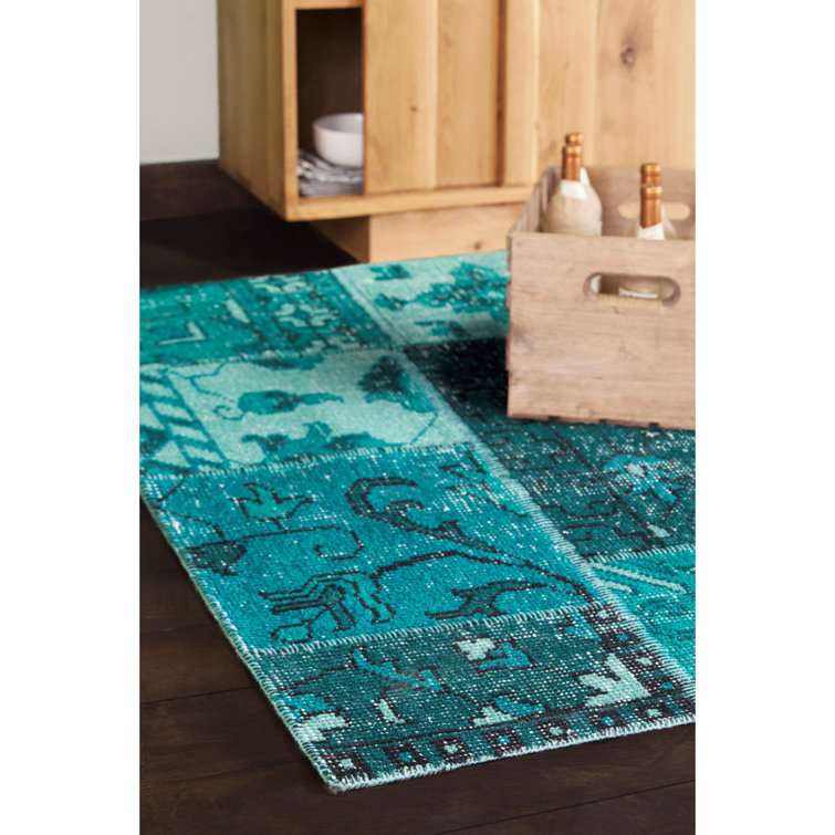 Hand-Knotted Teal Wool Rectangular 5' x 7' Rug