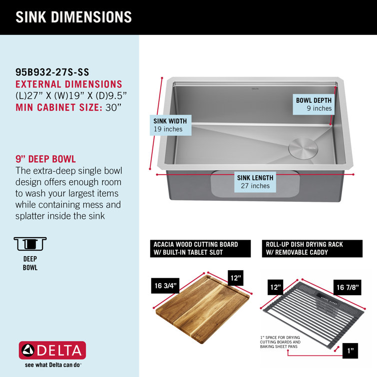 Delta 27" Stainless Steel Undermount Workstation Kitchen Sink with Accessories