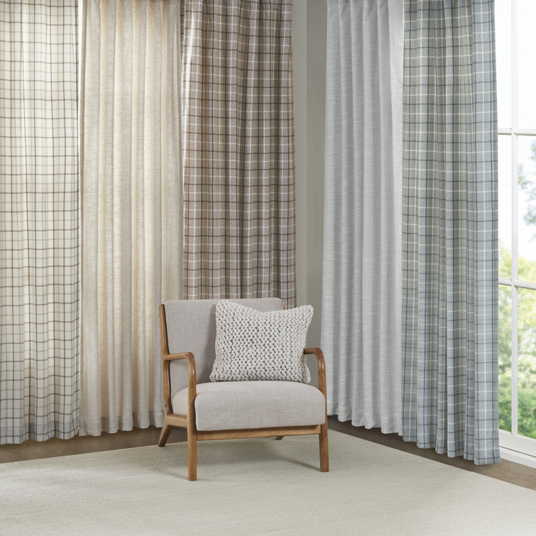 Natural Plaid Polyester Light-Filtering Curtain Panel with Fleece Lining
