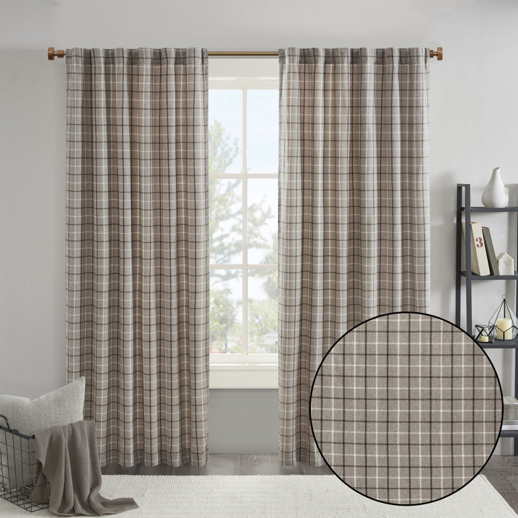Gray Plaid Light-Filtering Polyester Curtain Panel with Fleece Lining