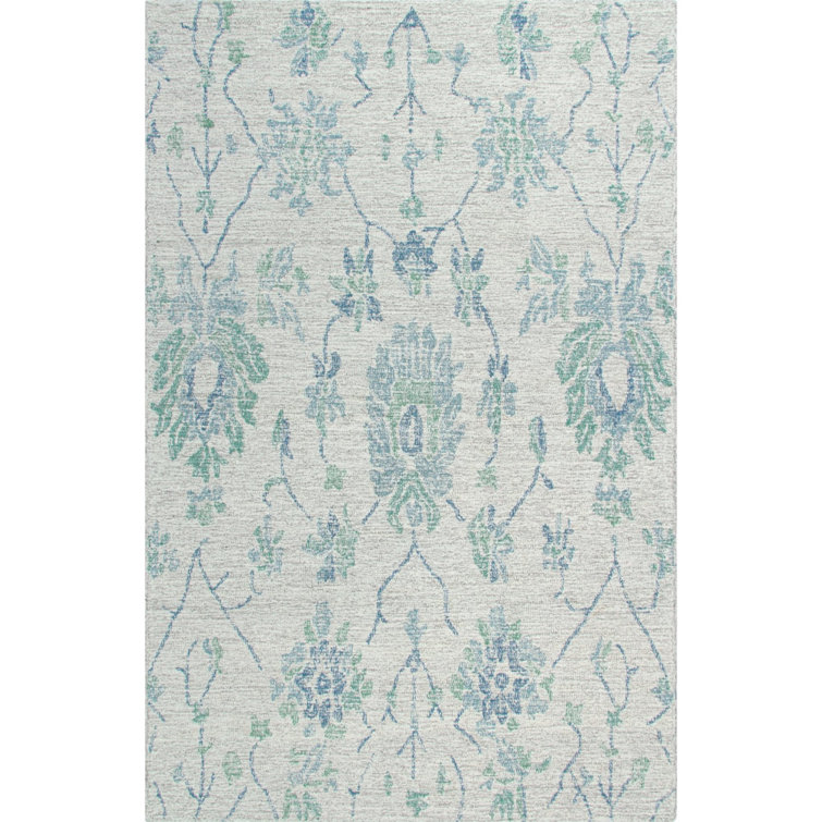 Ivory and Blue Hand-Tufted Wool Floral Rug