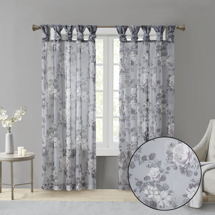 Gray Floral Twist Tab Top Sheer Polyester Curtain Panel