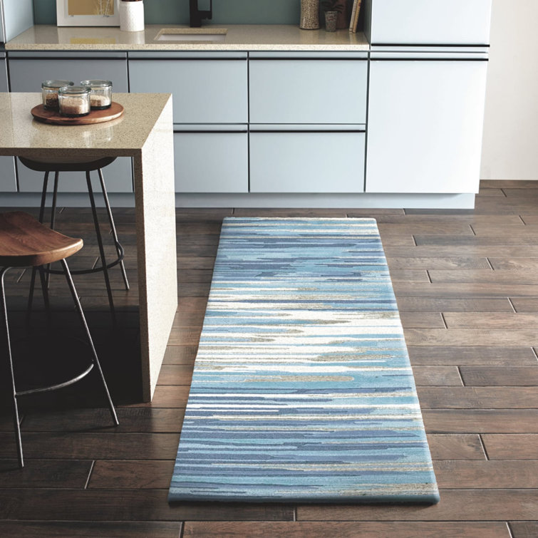 Hand Tufted Abstract Blue Wool Runner Rug 96'' L