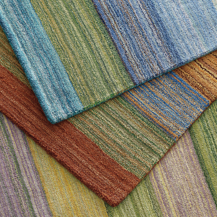 Handmade Brushstroke Blue Stripe Wool Area Rug 5' x 8'