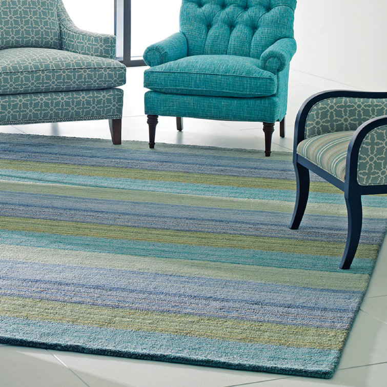 Handmade Brushstroke Blue Stripe Wool Area Rug 5' x 8'
