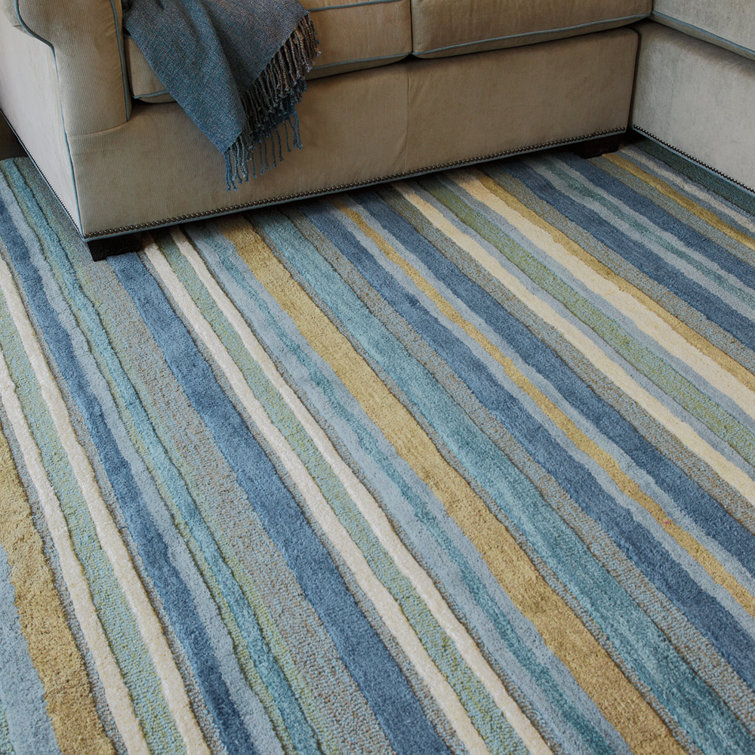 Handmade Blue and Beige Wool Striped Runner Rug