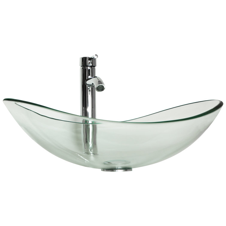 Clear Oval Glass Vessel Sink with Chrome Faucet