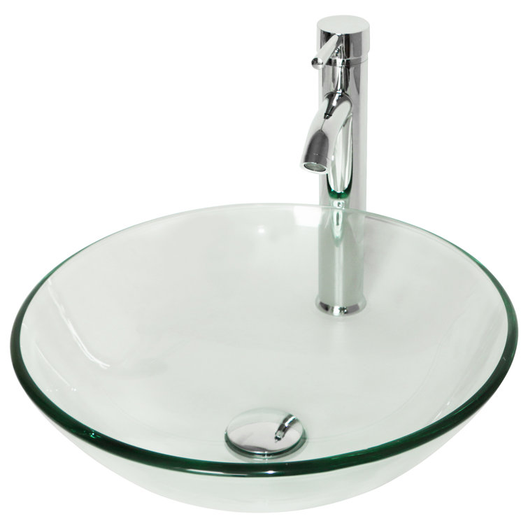 Clear Tempered Glass Round Vessel Sink with Chrome Faucet