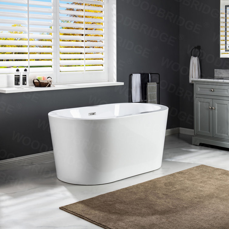 56" White Acrylic Freestanding Soaking Bathtub with Chrome Drain