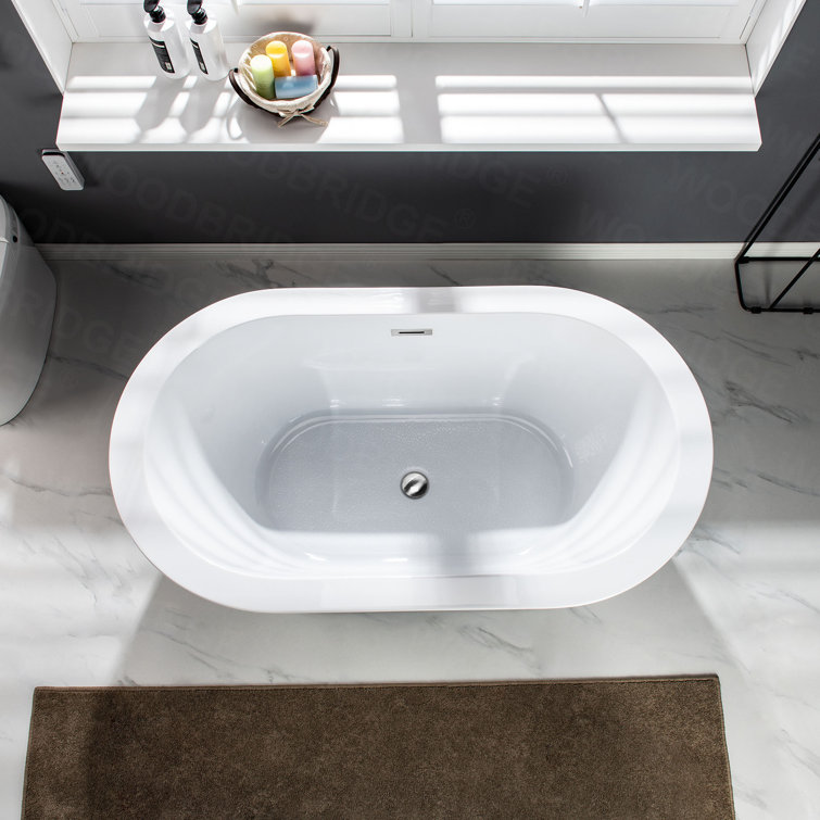 56" White Acrylic Freestanding Soaking Bathtub with Chrome Drain