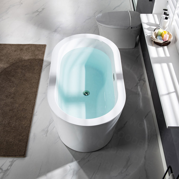 56" White Acrylic Freestanding Soaking Bathtub with Chrome Drain