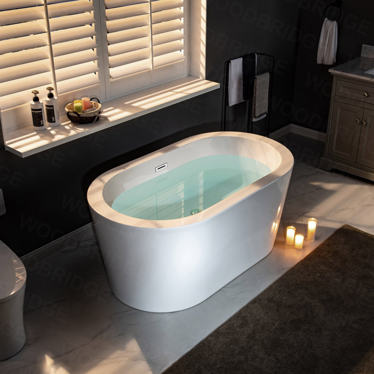 56" White Acrylic Freestanding Soaking Bathtub with Chrome Drain