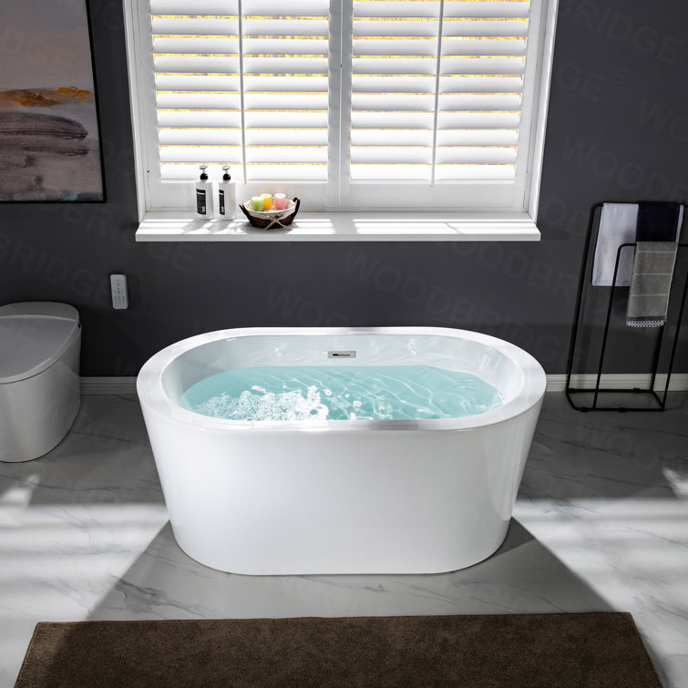 56" White Acrylic Freestanding Soaking Bathtub with Chrome Drain
