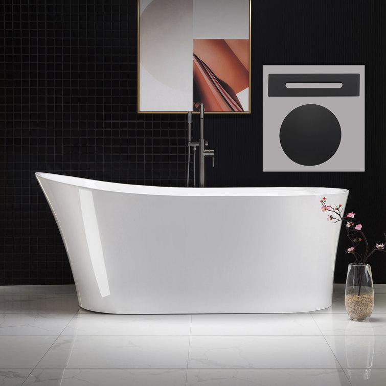 67" White Acrylic Freestanding Single Slipper Bathtub with Matte Black Trim
