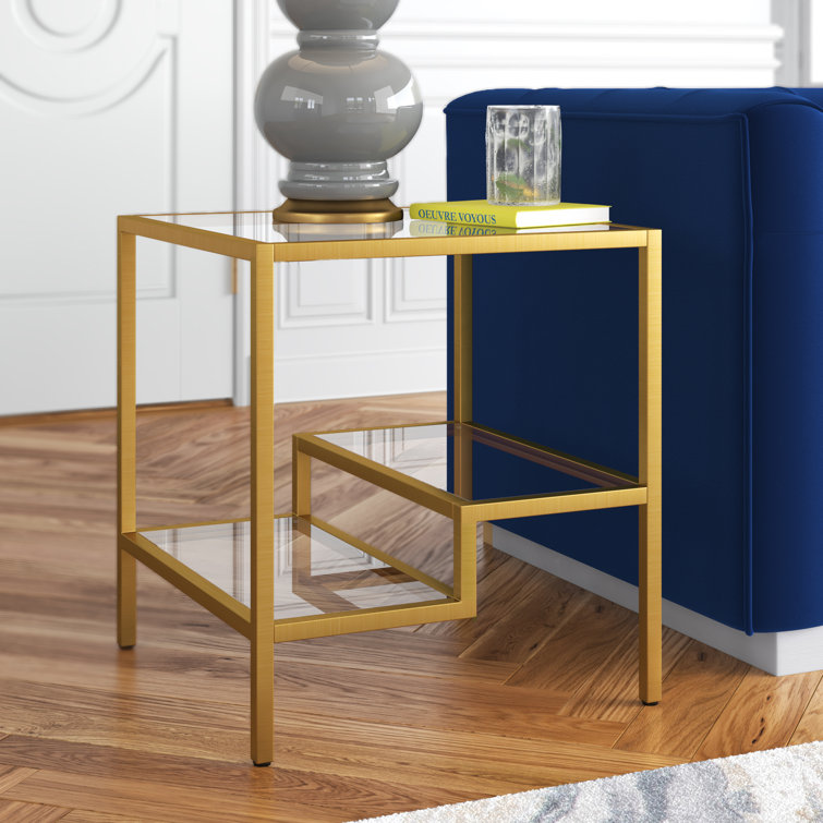 22-Inch Black and Clear Glass Square End Table with Brass Base