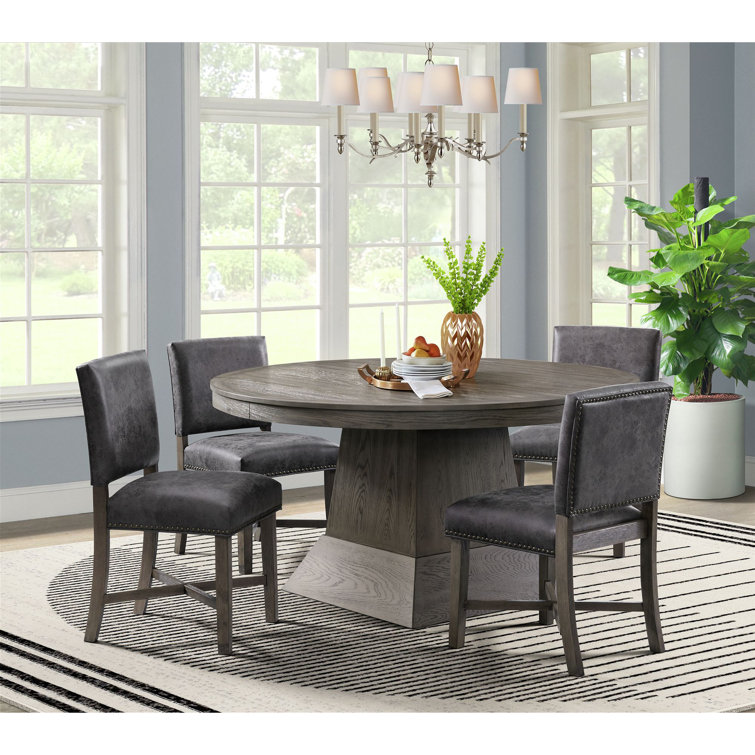 Gray Round Extendable Wood Dining Table for Six