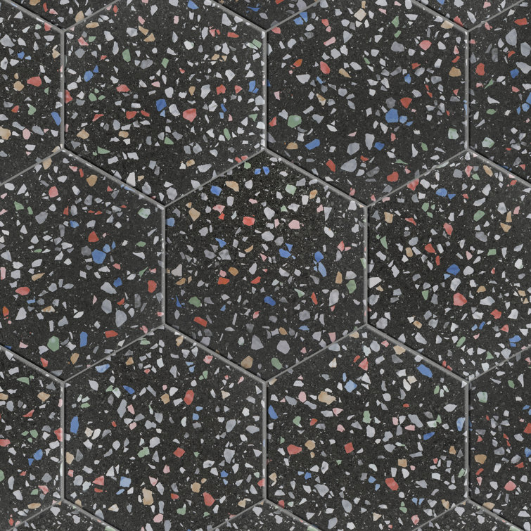 Venice Black and Multicolor Matte Porcelain Hexagon Tile