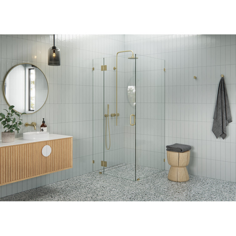 Satin Brass Frameless Glass Hinged Shower Enclosure, 78 x 38.5 in