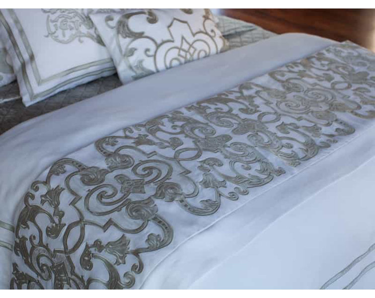 Mozart Embroidered Ice Silver Linen Throw Blanket 24" x 98"