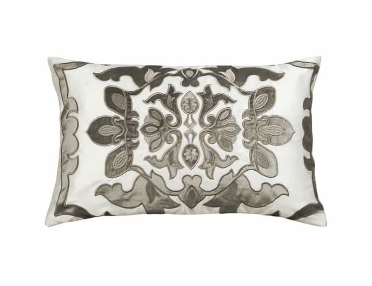 Ivory and Silver Appliqued Rectangular Throw Pillow