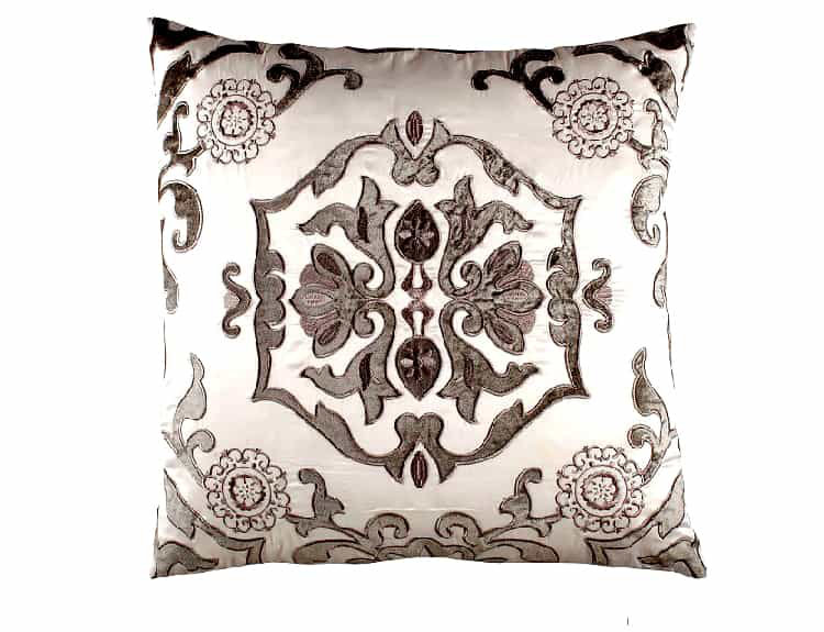 Ivory and Silver Appliqued Square Throw Pillow with Feather Insert
