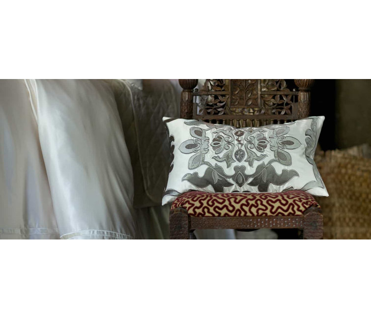 Ivory and Silver Appliqued Rectangular Throw Pillow