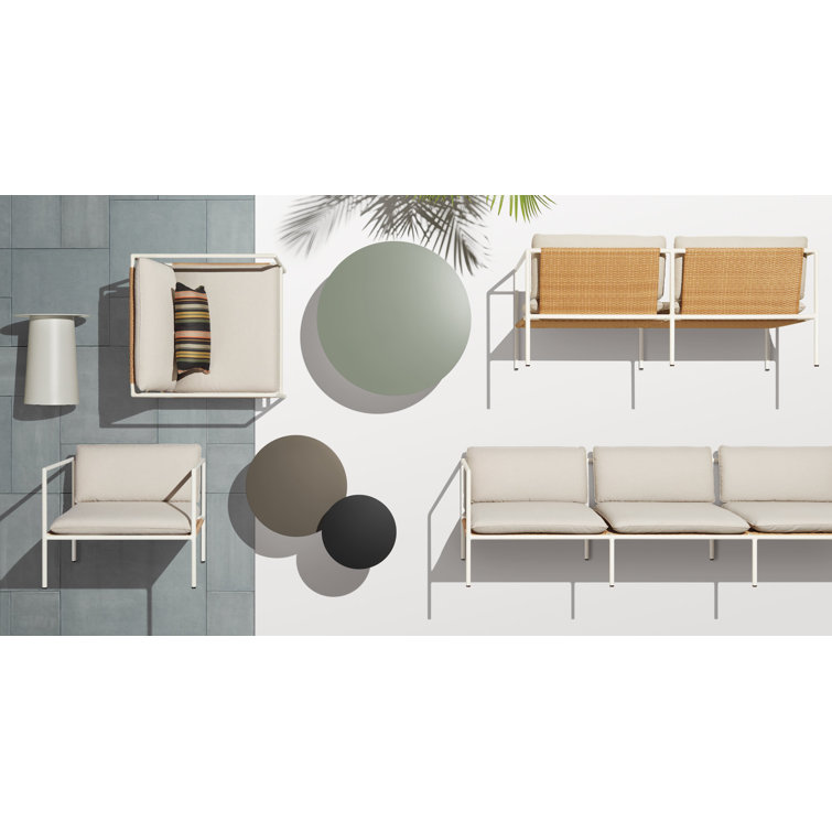 White Wicker and Plastic Outdoor 3-Seat Sofa with Blush Cushions
