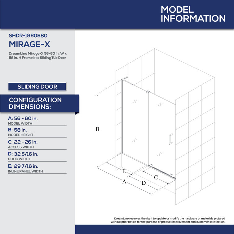 Mirage-X Brushed Nickel Frameless Sliding Tub Door 58" x 60"