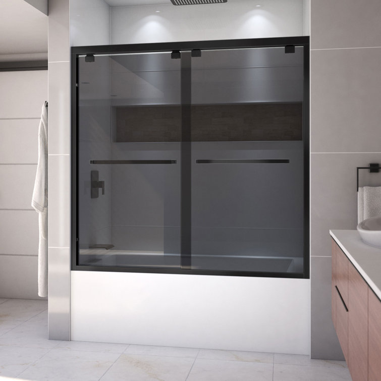 Encore Matte Black Semi-Frameless Sliding Tub Door with Smoke Gray Glass