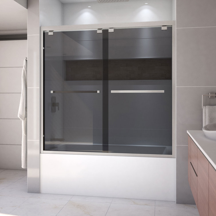 Encore Brushed Nickel Semi-Frameless Sliding Tub Door with Smoke Gray Glass