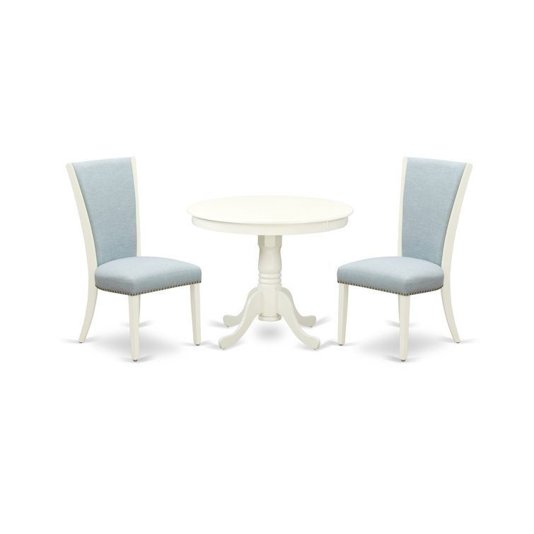 Linen White Round Pedestal Table with Baby Blue Fabric Chairs