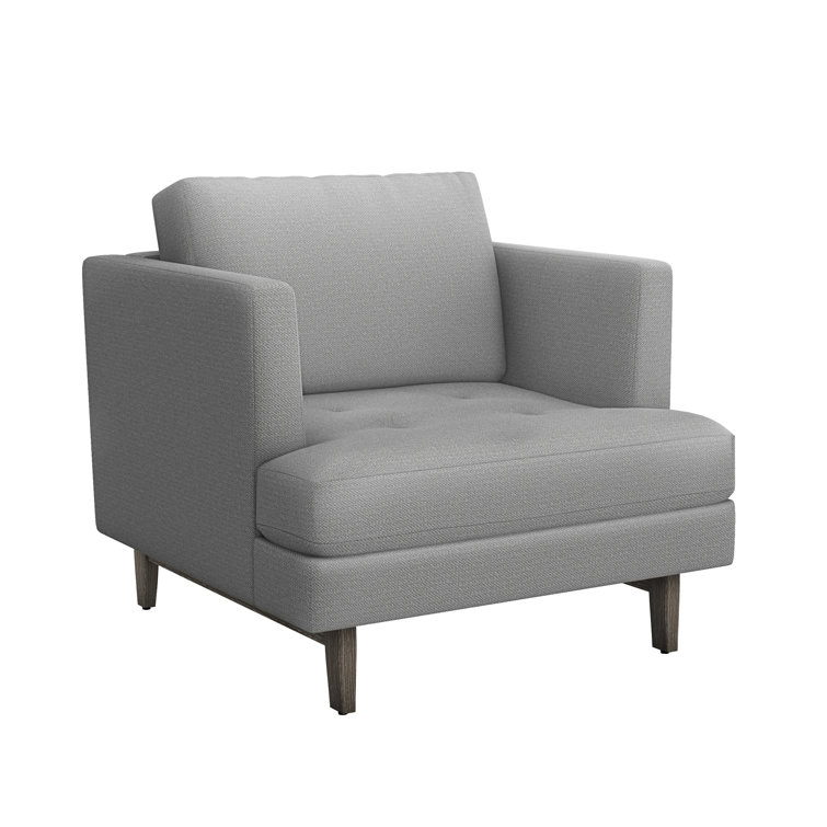 Handcrafted Faux Linen Grey Accent Chair with Wooden Legs